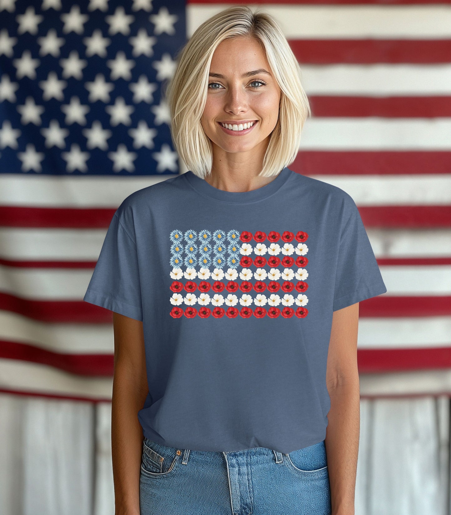 Patriotic Floral American Flag T-Shirt