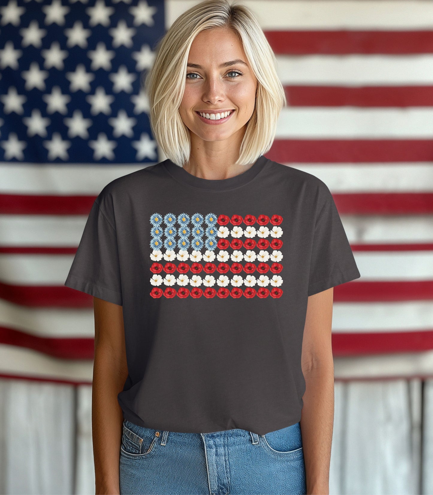 Patriotic Floral American Flag T-Shirt